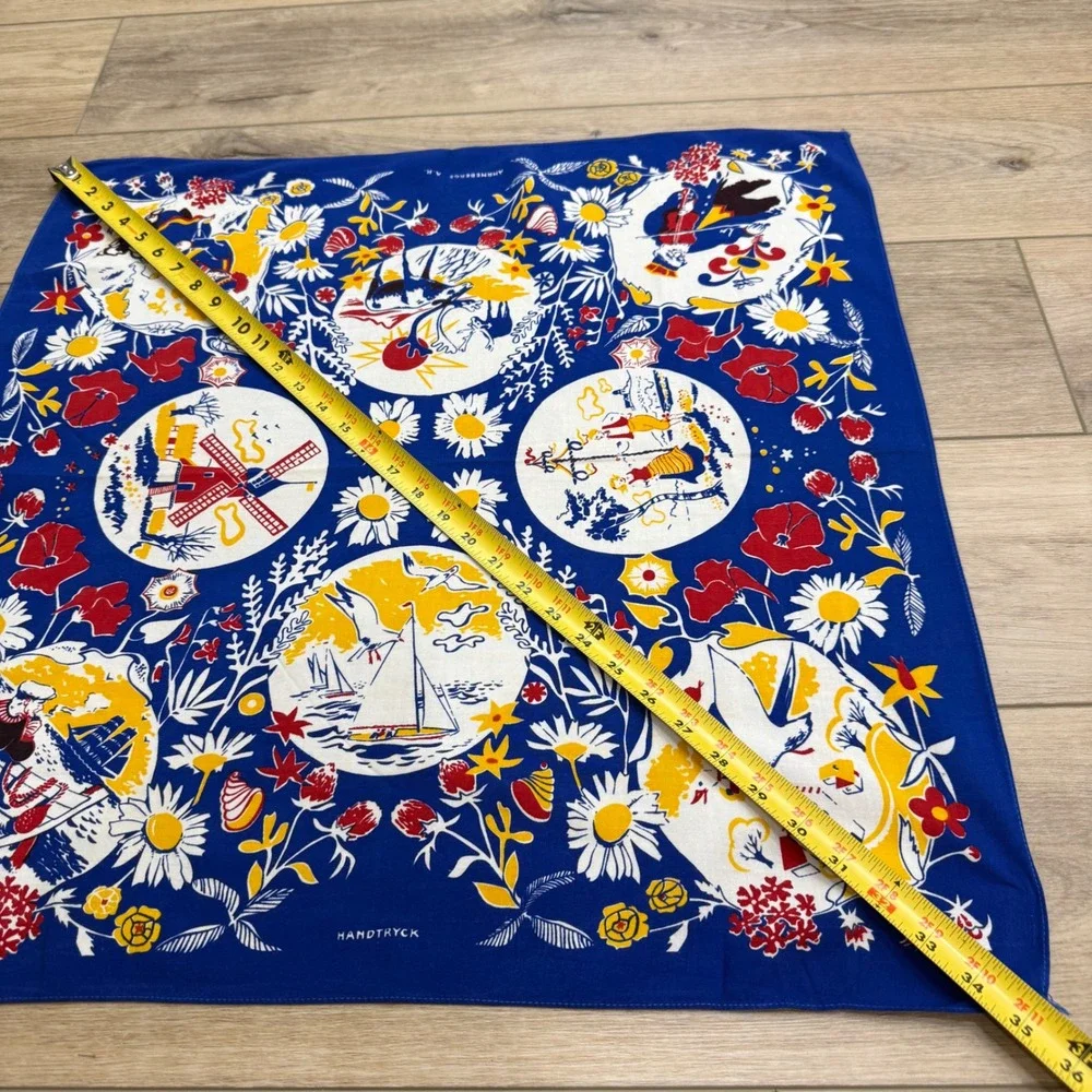 Vintage Swedish Bandanna Scarf Ahrnebergs AB Hand Printed Blue Folk Art 25